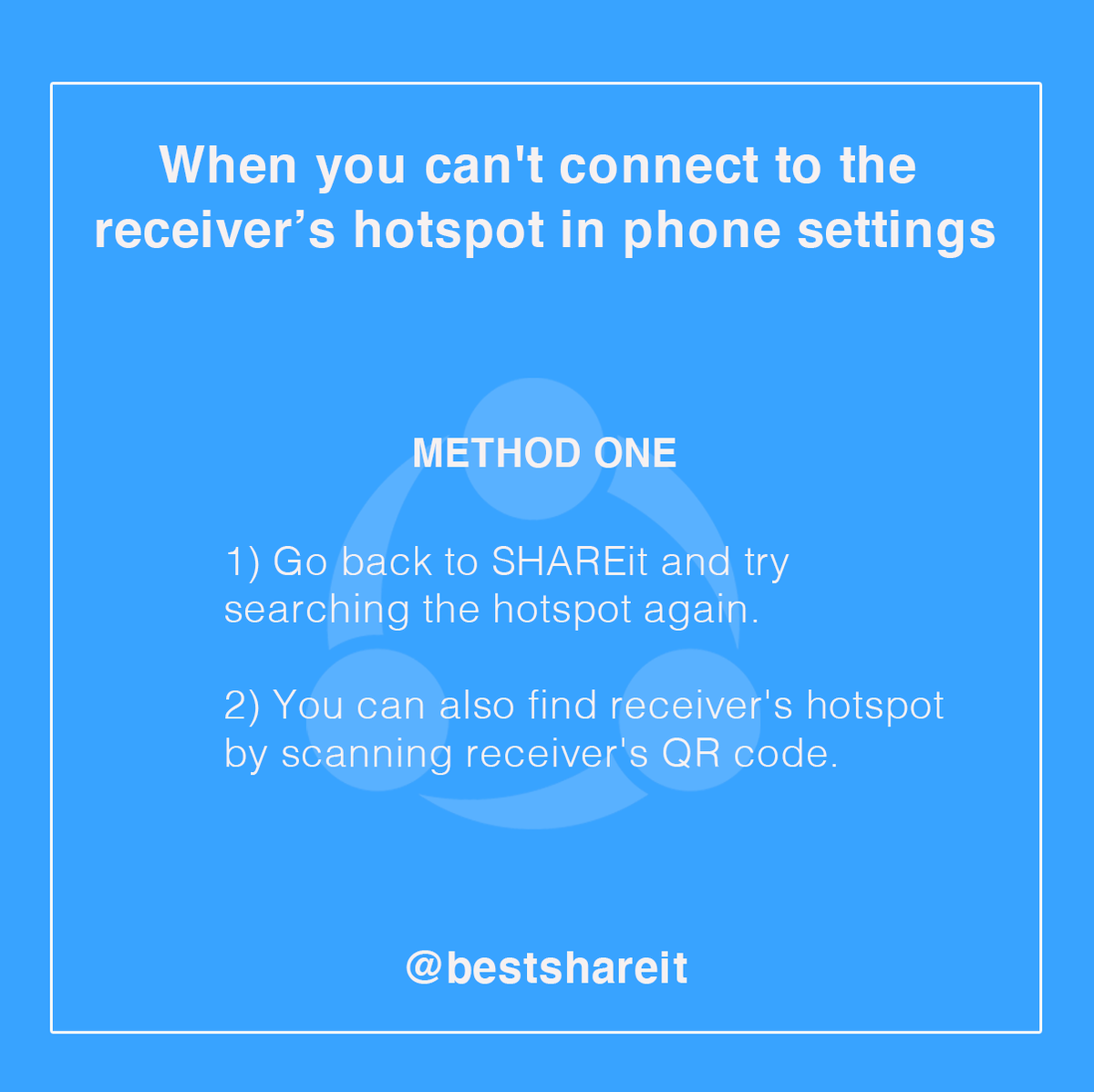 Global_SHAREit's tweet photo. Having an issue with connecting to the receiver's hotspot while sharing files??!!!
.
Here is how you can tackle that just in seconds!!!
.
#SHAREit #ConnectionProblem #FAQs #Answeredallyourquires #BestSHAREit https://t.co/3LNTekGqum