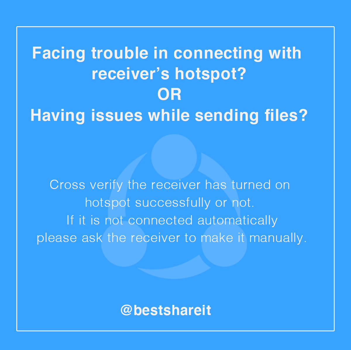 Global_SHAREit's tweet photo. Having an issue with connecting to the receiver's hotspot while sharing files??!!!
.
Here is how you can tackle that just in seconds!!!
.
#SHAREit #ConnectionProblem #FAQs #Answeredallyourquires #BestSHAREit https://t.co/3LNTekGqum