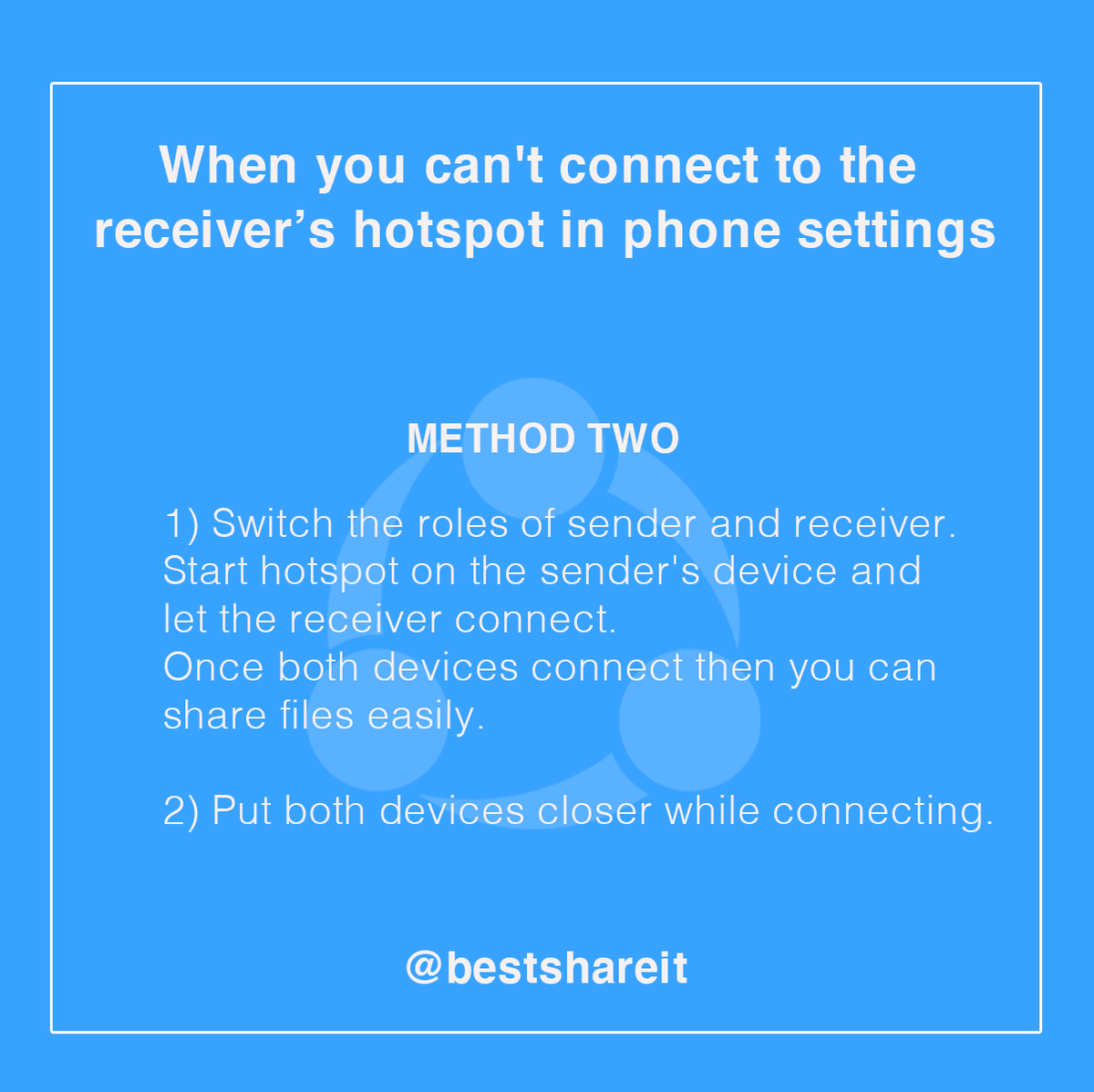 Global_SHAREit's tweet photo. Having an issue with connecting to the receiver's hotspot while sharing files??!!!
.
Here is how you can tackle that just in seconds!!!
.
#SHAREit #ConnectionProblem #FAQs #Answeredallyourquires #BestSHAREit https://t.co/3LNTekGqum