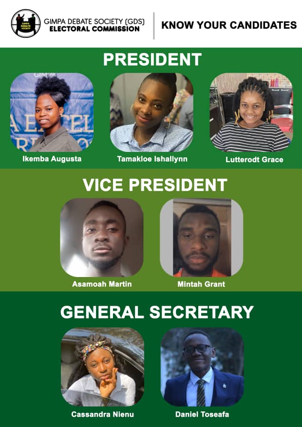 DebateGimpa's tweet photo. Meet your candidates.
May the best always triumph. 
#GDSelections2020 https://t.co/ho1zOIz0d1