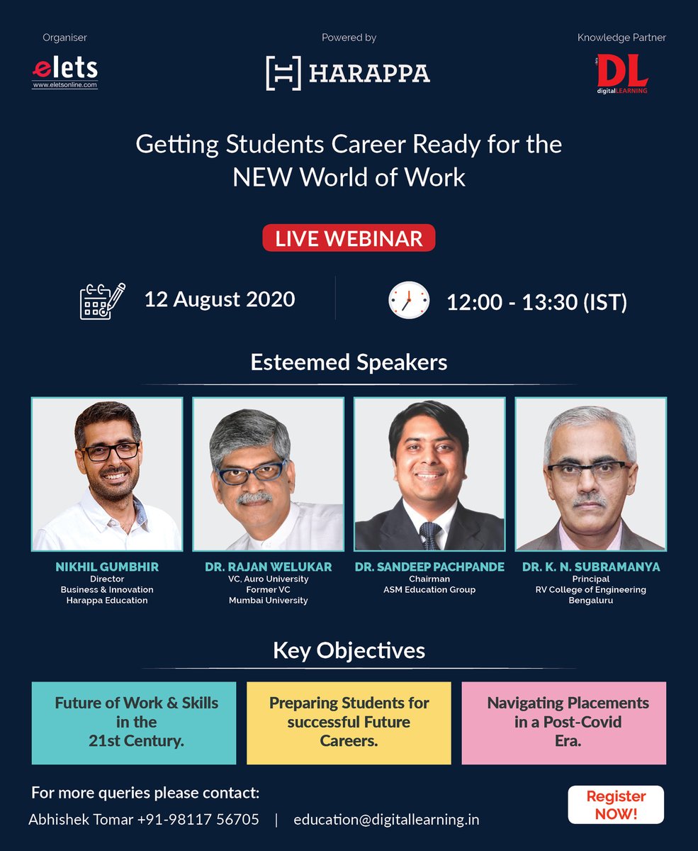 dl_magazine's tweet photo. Register For Live Session "Getting Students Career Ready for the NEW World of Work" on 12th August 12-00 - 13.30 (IST)
Register Now: https://t.co/oMucvdYIri
#EletsWebinar #ReinventEducation @HarappaEd @ASM_Group @Uni_Mumbai https://t.co/LcvCQ5eG0B