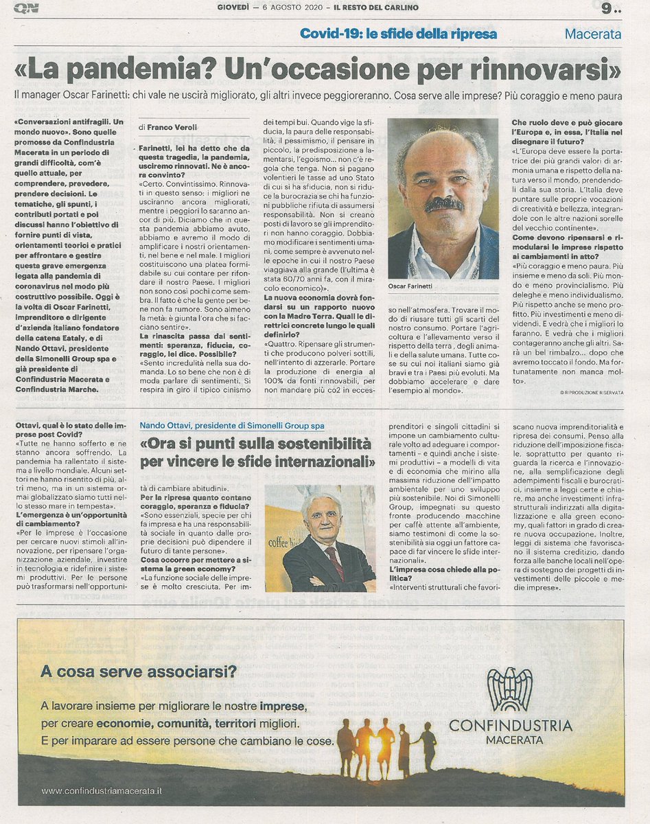 Da "Il Resto del Carlino" di oggi, 06/08/2020

"COVID-19: le sfide della ripresa": intervista agli imprenditori Oscar Farinetti e Nando Ottavi.

#OscarFarinetti  #SimonelliGroup  #ripresa  #futuro  #economia