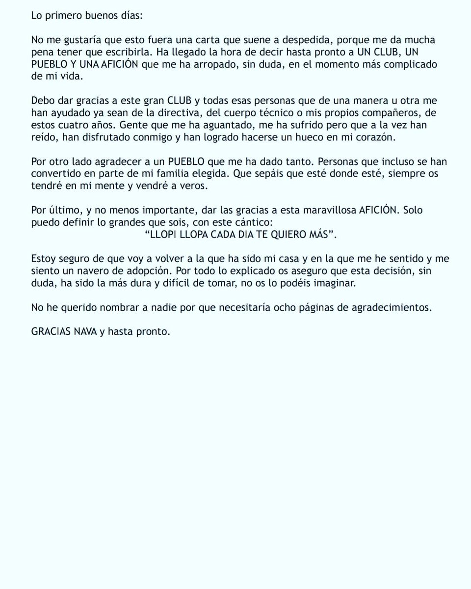 Se hace oficial mi marcha del club que me ha dado todo durante los últimos cuatro años. Os deseo lo mejor, siempre me sentiré navero!!