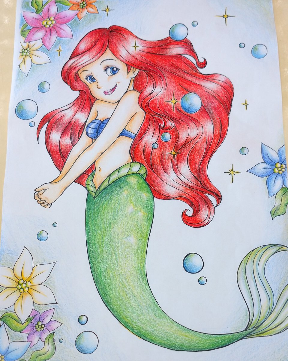 はるか Pa Twitter 園の子どもたちのために私が描いたアリエルの塗り絵 線画を描いて子どもたち用にたくさんコピーしたあと 延長預かり保育の時に自分も塗りました 笑 24色の普通の色鉛筆でも十分楽しい 預かりにいた子どもたちから褒めてもらいました アリエル