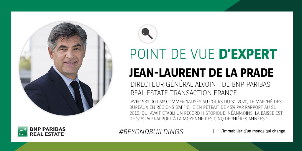 BNPPRE_FR's tweet photo. Retrouvez le point de vue de Jean-Laurent de La Prade concernant l’impact que la crise du Covid-19 a eu sur le marché des #bureaux en #régions durant le S1 2020 #BeyondBuildings
➡️ https://t.co/m9bTxH1Dwp https://t.co/vQeynvZFww
