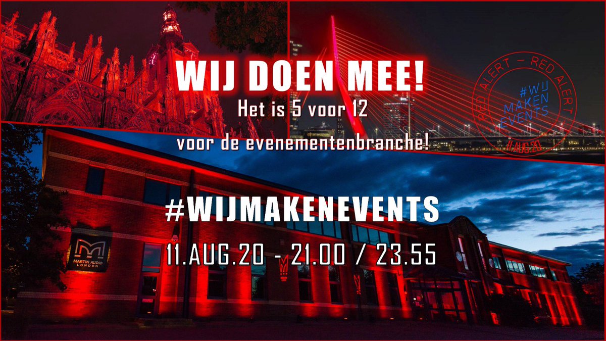 Wij doen op 11-08 mee en leveren rode lampen voor de actie ‘Red Alert’ om aandacht te vragen bij de overheid voor noodsteunmaatregelen voor de evenementenbranche. Poppodia, theaters, licht- en geluidverhuurbedrijven, eventfreelancers @rtvutrecht @rtvsv vtte.nl/red-alert