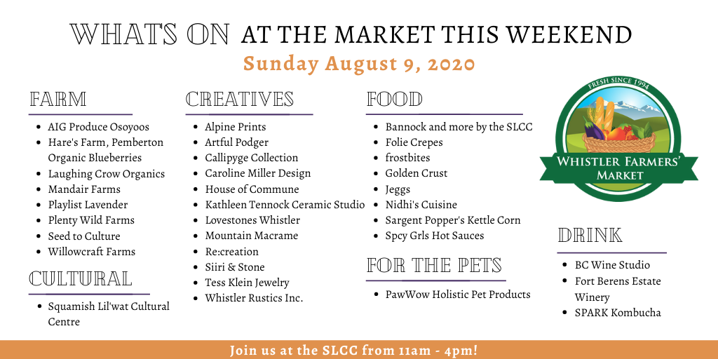 Here are our vendors for this Sunday! See you there ☀️😎 #WhistlerFarmersMarket