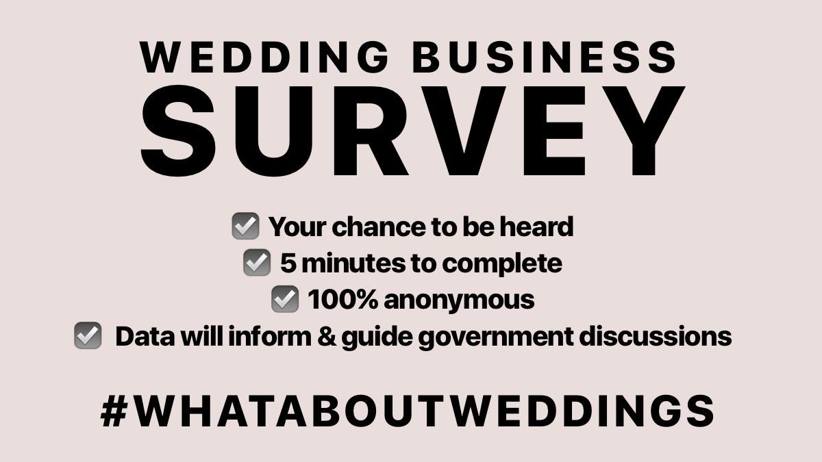 Calling all wedding businesses! If you have a spare 5 mins, we’d be so grateful if you could complete our survey. This data will be super useful for the next stage of campaign and we want to represent as many of you as possible. #whataboutweddings surveymonkey.co.uk/r/whataboutwed…