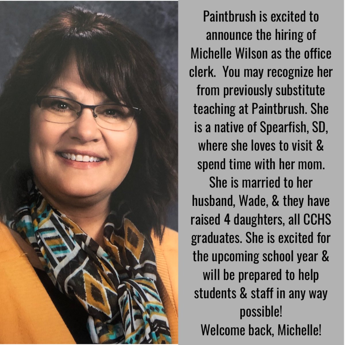 PaintbrushElem1's tweet photo. Paintbrush is excited to have Michelle Wilson back at Paintbrush!
#PBPirates #CCSD1WY #WY https://t.co/oPoTA0oF7h