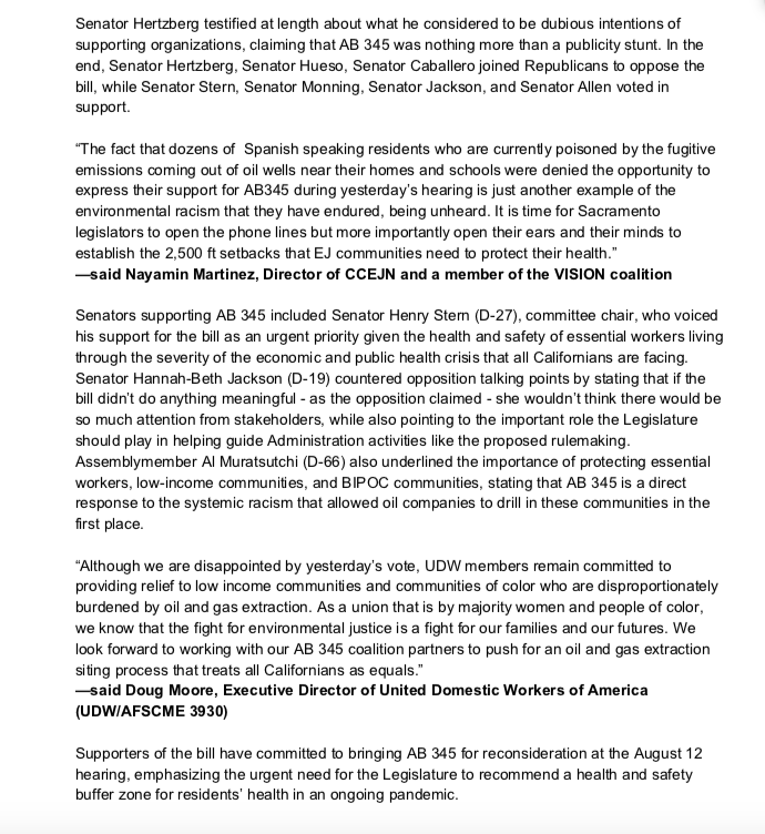 cejaaction's tweet photo. The fight for health and safety setbacks is far from over.

👇👇👇
NEW: Read the press statement from @CCEJN @CRPE_EJ @UDWA @cejaaction and the @VoicesCA coalition responding to yesterday's vote on #AB345.  
👇👇👇

#Nodrillingwherewereliving #YESonAB345 @AsmMuratsuchi https://t.co/3FYg91zUny
