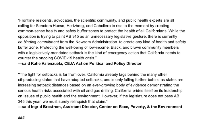 cejaaction's tweet photo. The fight for health and safety setbacks is far from over.

👇👇👇
NEW: Read the press statement from @CCEJN @CRPE_EJ @UDWA @cejaaction and the @VoicesCA coalition responding to yesterday's vote on #AB345.  
👇👇👇

#Nodrillingwherewereliving #YESonAB345 @AsmMuratsuchi https://t.co/3FYg91zUny