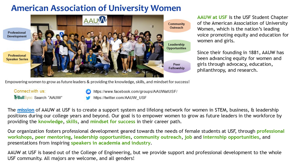 AAUW_USF's tweet photo. It's time for #AAUW Officer Elections for 2020-21! Let us know if you'd like to be part of an org that develops your career confidence and personal &amp; professional network. View our Year At A Glance photo album and Officer Descriptions on Facebook -https://t.co/kzDP2P7pc5 https://t.co/YVEIad10j2