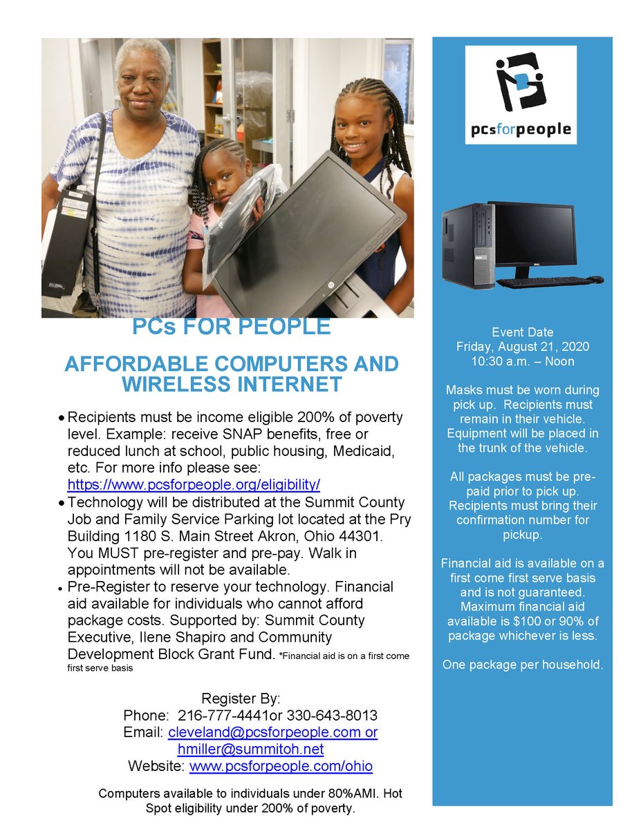 Is your family in need of a desktop computer? PC's for People is hosting their next event on Friday, August 21. See the flyer for additional details.