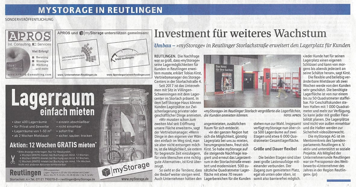 myStorage11's tweet photo. Pressearbeit. Reutlinger General Anzeiger berichtete über die Flächenerweiterung von myStorage AG in Reutlingen

Angemietete #Lagerräume können flexibel angemietet werden und sind mit eigenem Schlüssel von morgens bis abends zugänglich. 

#Selfstorage #Lagerraum #Presse https://t.co/I40kMZYqwa