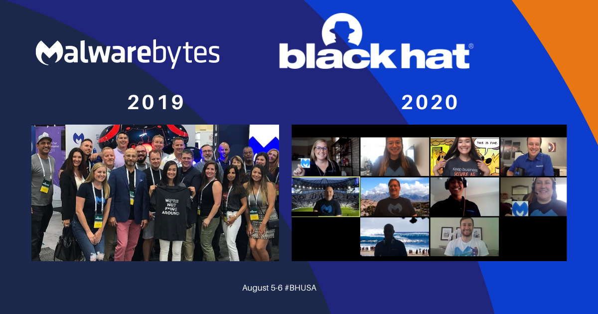 Malwarebytes's tweet photo. What a difference a year makes! Malwarebytes’ #BlackHat staff in 2019 and 2020.

Head over to our booth now, our team is eager to virtually meet you! #MWBEvents #BHUSA https://t.co/xvI3jE8Phw