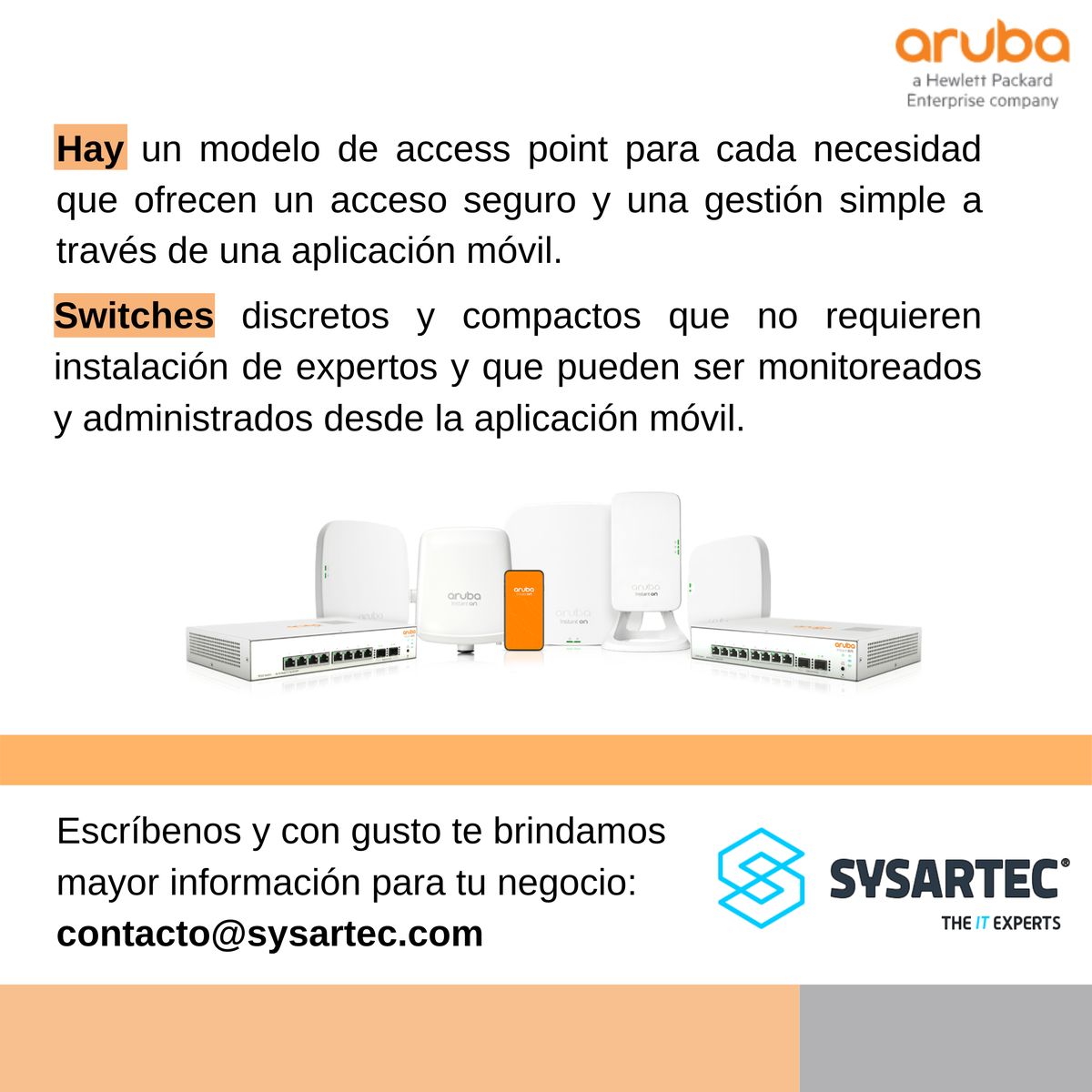 SYSARTEC's tweet photo. Aruba Instant On es fácil de usar y configurarlo es bastante rápido. Puedes administrar la red de tu negocio desde tu celular o en tu computadora en la web. Conoce más de Aruba Instant On. Contáctanos y te brindamos información adicional: contacto@sysartec.com

#Aruba #Sysartec https://t.co/fy3leHpmul