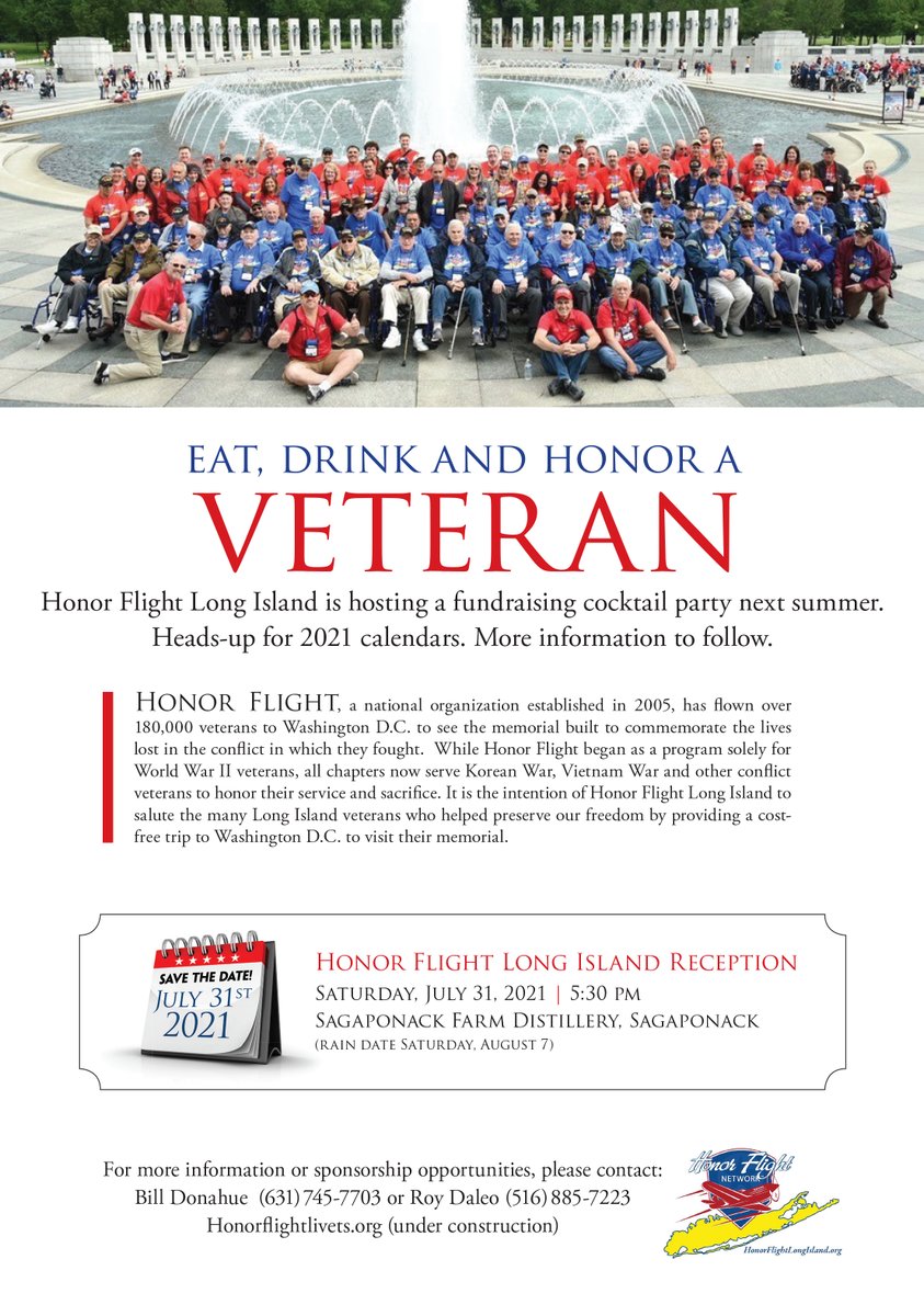 HonorFlightLI's tweet photo. Honor Flight Long Island is proud to announce that we are hosting a fundraising cocktail party next summer, July 31st, 2021 at 5:30pm. The event will take place @SaggDistillery  (rain date will be Saturday, August 7th). We are looking forward to seeing you there. https://t.co/t2sVZ8rSWw