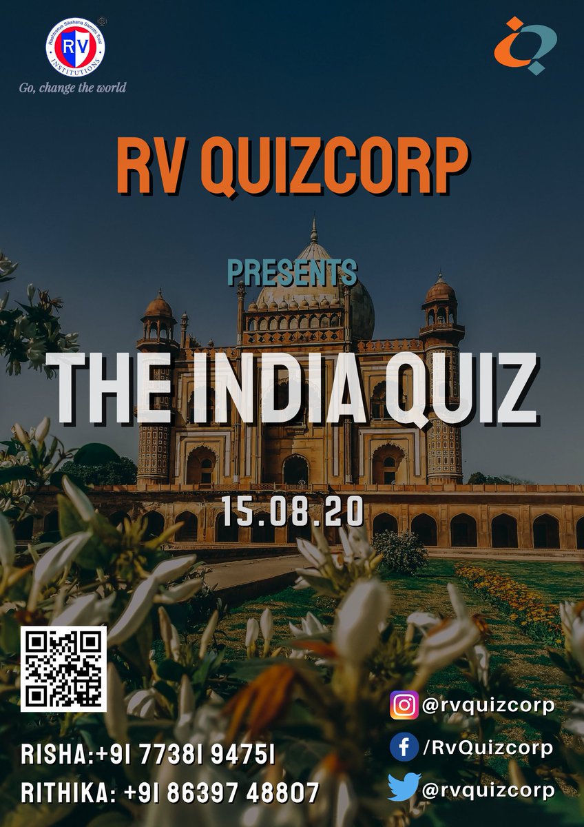 rvquizcorp's tweet image. RVQC presents the India Quiz for school and college students!
What better way to spend your Independence day than to crack questions about our great country and learn new funda about the motherland?
DM for more details!

Registration link: bit.ly/RVQC_India