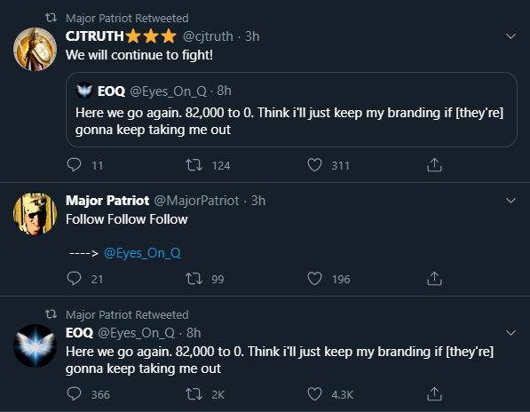 2. Here is "Eyes on Q" fresh off his ban promoting his ban evasion account and having Major Patriot and CJTRUTH joining in on helping get his audience back.
