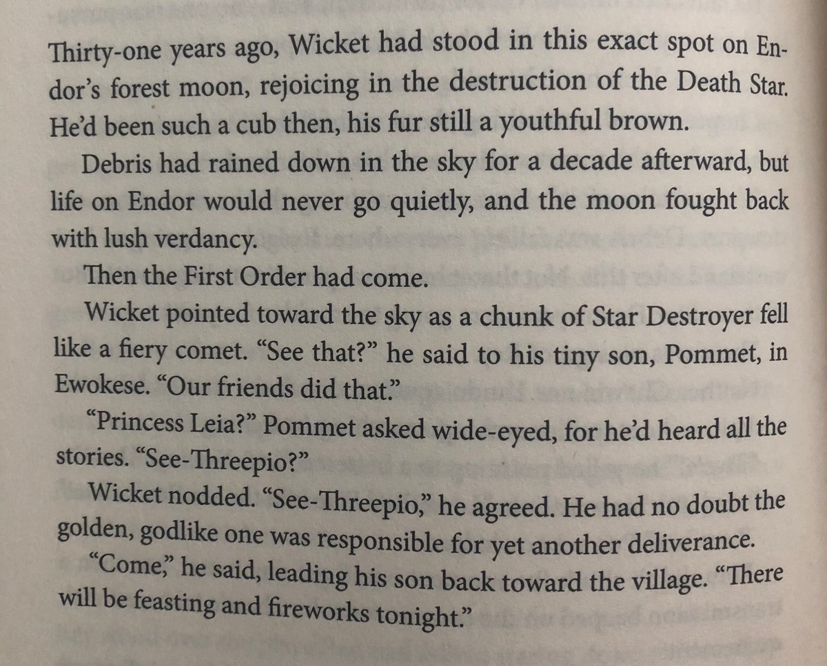 sw_holocron's tweet image. Did you know? In The Rise of Skywalker novelization, Wicket and his son Pommet attribute the destruction of a Star Destroyer above the moon of Endor to C-3PO, given their perception of the droid as a God first seen in Return of the Jedi