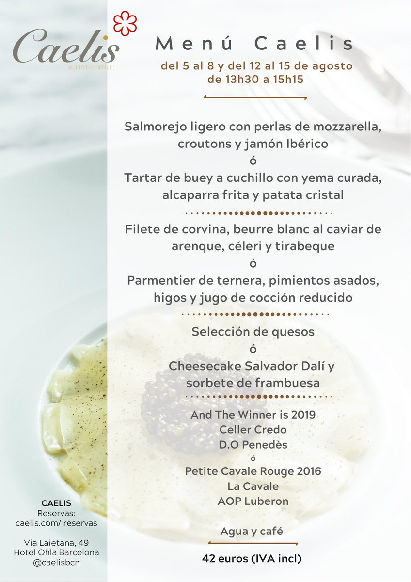✨✨Abrimos en agosto, en nuestros horarios habituales✨
Martes, de 20h a 22h30
Miércoles a sábado,
de 13h30 a 15h15 y de 20h a 22h30
Los mediodías, Menú Caelis ( suma a los 3 degustación, uno es #vegetariano )
#estrellaMichelin