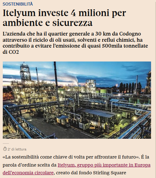 #Sostenibilità <a href="/Itelyum/">Itelyum</a> : attraverso l’attività di riciclo di oli usati, solventi e reflui chimici, la società ha contribuito a evitare l’emissione di quasi 500mila tonnellate di CO2.
Ne parla qui il Sole24 📌 lnkd.in/dqri3Nu #6Agosto #economiacircolare #greendeal