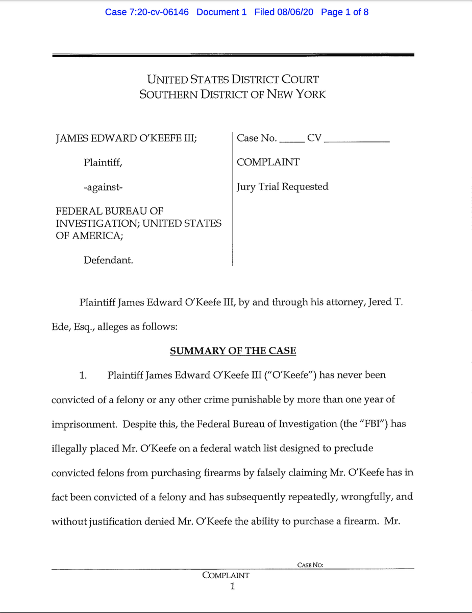 JamesOKeefeIII's tweet photo. BREAKING: I have just filed a lawsuit against the @FBI for infringing upon my 2nd Amendment Right to Bear Arms.

They have erroneously put me on the Federal NICS Background Check System as a convicted felon. 

The problem? I am NOT a convicted felon.

#WeHaveRights https://t.co/MBHLhO333I
