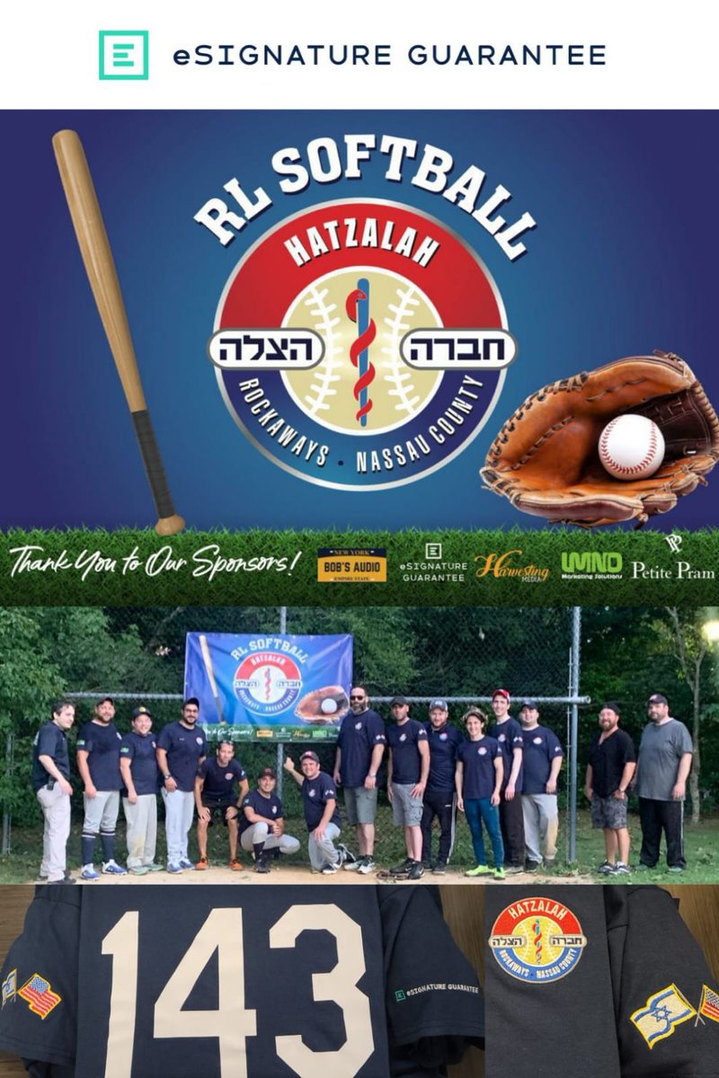 eSignatureGroup's tweet photo. https://t.co/zgKIty8AFc -
Proud sponsor of the local Hatzalah RL Volunteer EMS softball team!

What an honor to be able to give back to the dedicated 
First Responder HEROES!! https://t.co/opq4SkljFP