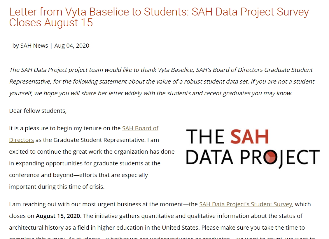 SMDreller's tweet photo. Many thanks to Vyta Baselice for writing in support of the #SAHDataProject. All three surveys close *next week* so if you haven't seen her letter in your email yet, you can now have a look over at SAH News: https://t.co/GeY5sWT67Z @vytabase @SAH1365 @VictoriaMYoung https://t.co/JjiV9PrhLM