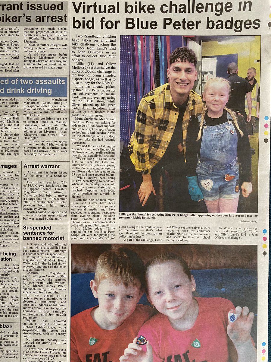 mrsstephymellor's tweet photo. Little mention in today’s local Chronicle and officially up to 678km now. Please keep supporting these amazing kids and if you can please give a few pennies @RichieDriss @Linds_bluepeter @cbbc @BeckyWant @GeraintThomas86 @JeffStelling @chrisfroome @Signal1Official @NSPCC https://t.co/yR0pX9GUIL