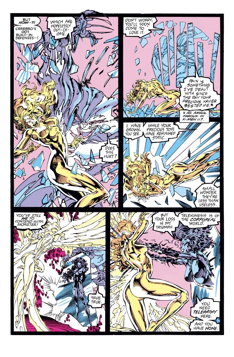 Uncanny 273Banshee notices Moira isn’t herself. Jean Grey encounters SK while using Cerebro. SK uses the demonic form we first saw in Excalibur. Psylocke has to rescue her. Editor’s Note says “AS Amahl Farouk” ... suggests possession like Reisz, yes?