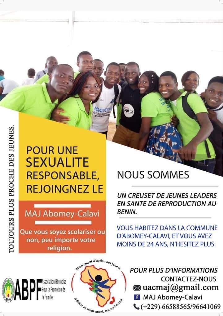 Rejoignez nous si vous avez encore un âge compris entre 10 et 24ans pour relever les défis liés à la santé sexuelle et reproductive des adolescents et jeunes. Cc 
<a href="/MAJBenin/">MAJ Benin</a> 
@ABPFIPPF 
<a href="/ab_benin/">Blogueurs du Bénin</a> 
<a href="/LeaderAmour/">Amour Dieu-Donné VODOUNHESSI</a> 
<a href="/yamafrica/">YAM/MAJ</a>