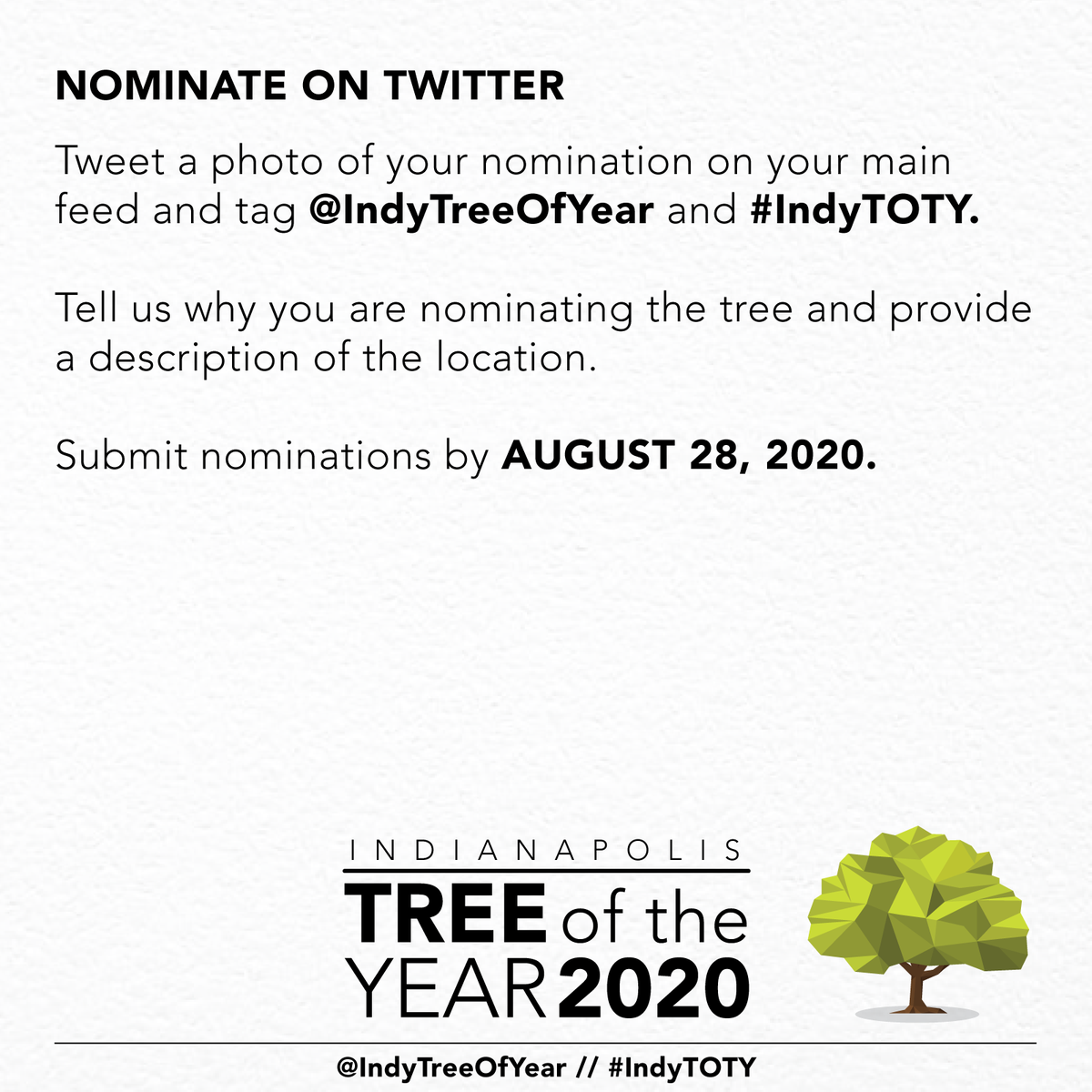 kibiorg's tweet photo. Ever passed by a tree and  💭, "Now THAT is a 🆒 tree!"? Nominate your favorite tree in Indianapolis as Indy' 2020 Tree of the Year. 🌳🏆 Any tree in Marion County is eligible! Check out ⬇️ for how to enter. Nominations due by August 28, 2020. @IndyTreeOfYear #IndyTOTY https://t.co/eEQcM4N9ne