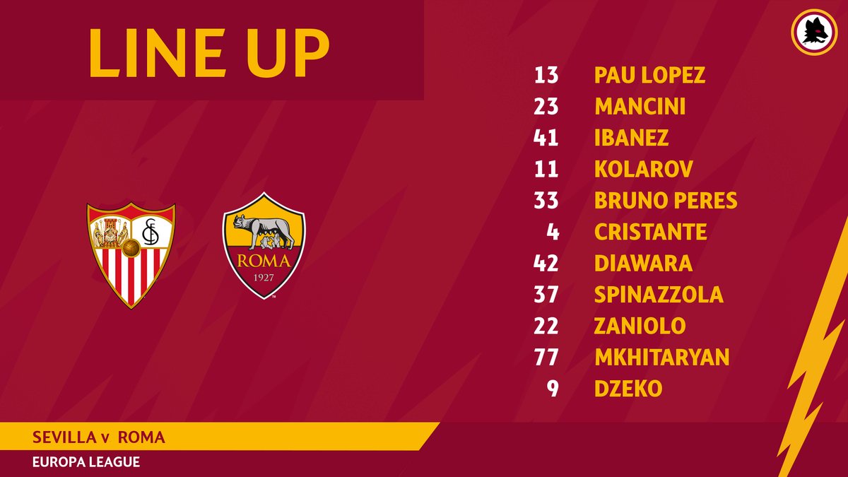 OfficialASRoma's tweet photo. 🟥🟧🟨 FORMAZIONE 🟨🟧🟥

📋 Ecco gli undici giallorossi scelti da @PFonsecaCoach per #SevillaRoma 

DAJE ROMA!

#UEL https://t.co/cKQrgVmZn7