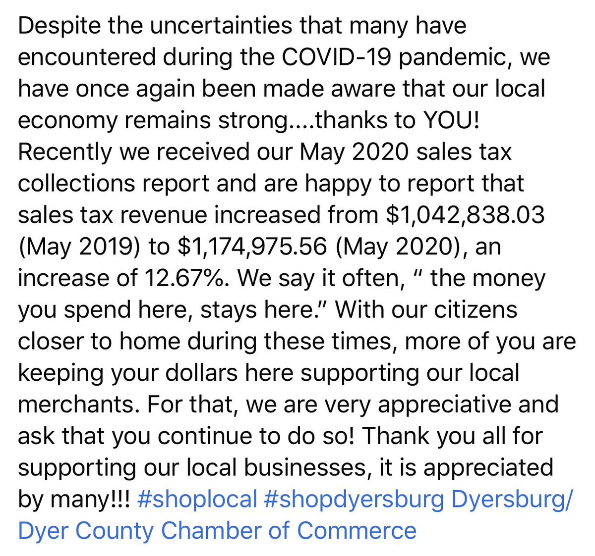 MayorJohnHolden's tweet photo. Want to share this information regarding our Sales Tax revenue for May 2020 which was an increase of 12.67% over May 2019. When you support the local economy, you support the local community. Many thanks to YOU for supporting our home town businesses!!! #shoplocal #shopdyersburg https://t.co/joFmALDCnc