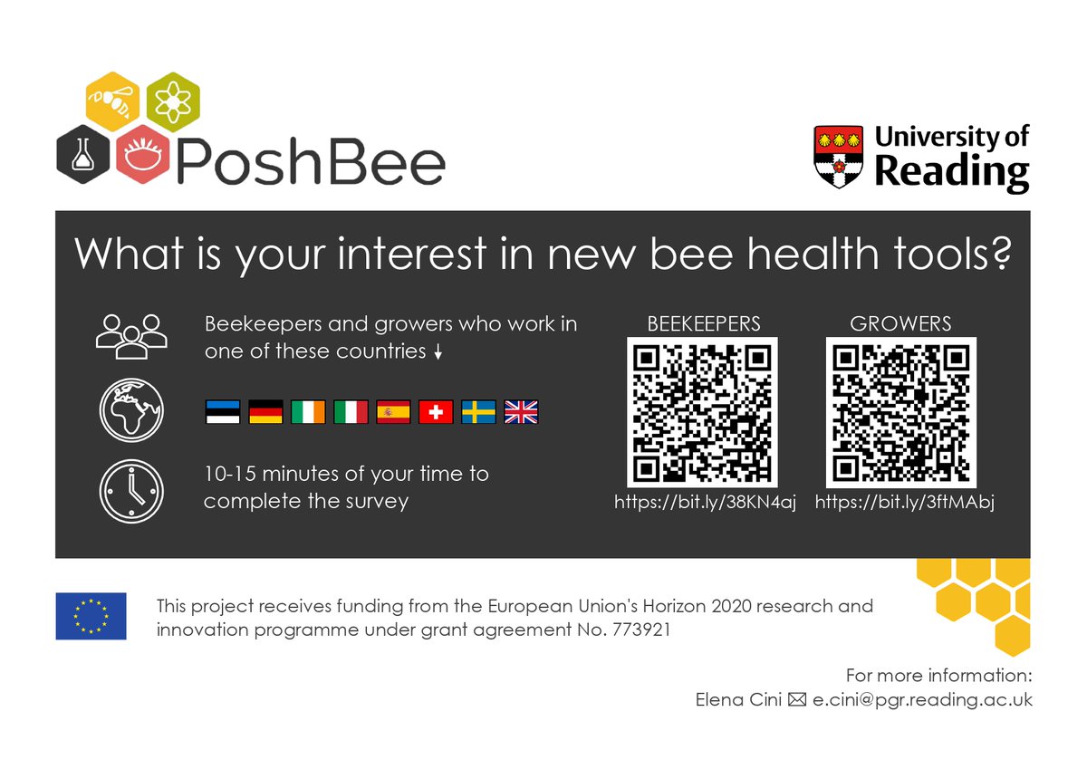 CiniElena's tweet photo. #PoshBee is developing a new tool that gives a rapid insight into the health of #beehives. Are you a #grower or a #beekeeper in 🇪🇪 🇩🇪 🇪🇸 🇸🇪 🇨🇭 🇮🇪 🇮🇹 🇬🇧 ? Check out my anonymous #surveys and help understand how the tool can fit your needs! #EUHorizon2020 #UniofReading https://t.co/ACXp2EYagZ