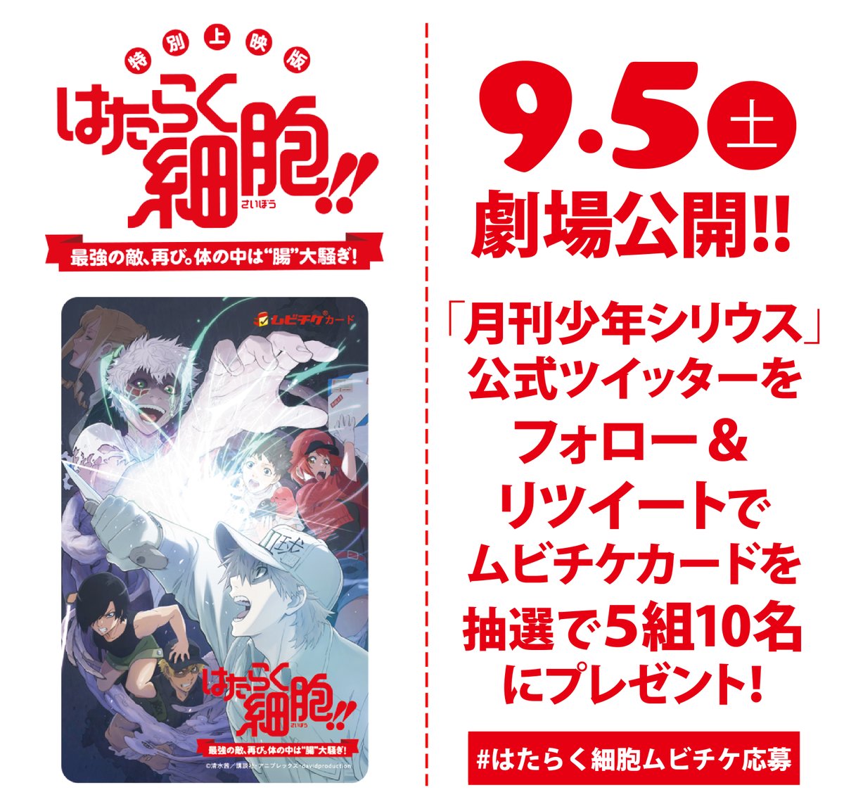 shonen_sirius's tweet photo. 【特別上映版】
『「#はたらく細胞!!」最強の敵、再び。体の中は“腸”大騒ぎ！』劇場公開を記念して、ムビチケ前売り券をプレゼント！

@shonen_siriusをフォロー＆この投稿をリツ���ートで応募完了✨
期間：〜8/16 23:59

詳しくはこちら👇
https://t.co/kWwzfHmXzn
 #はたらく細胞ムビチケ応募 https://t.co/IpwvKqsZ6X