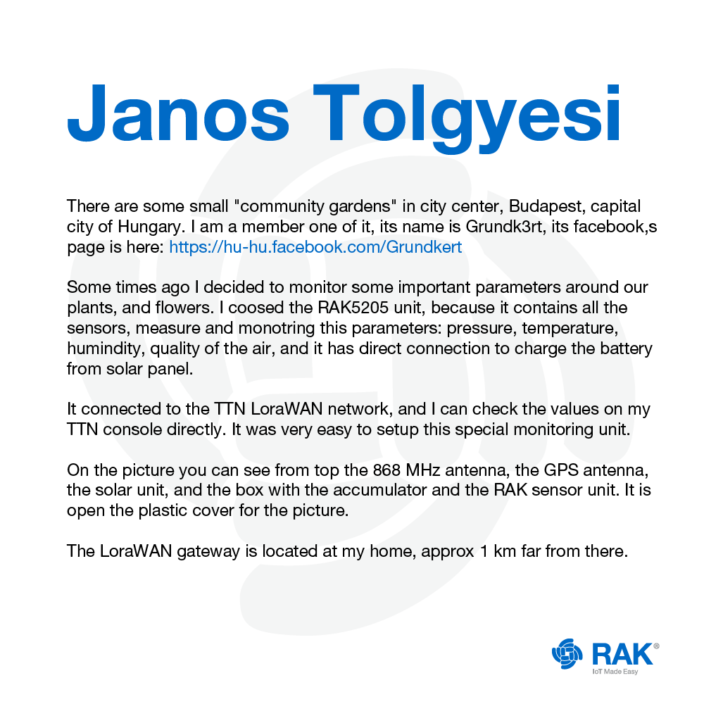 RAKwireless's tweet photo. Nature is thriving in Budapest!

See how Janos Tolgyesi monitors the important parameters of the community gardens in his city with our #RAK5205 #LPWAN Node. 

Do you want this entry to win? Like, share, and reply to this post to show your support! #ROYR #IoT4Good #RAKwireless https://t.co/N7guVT0Ea5