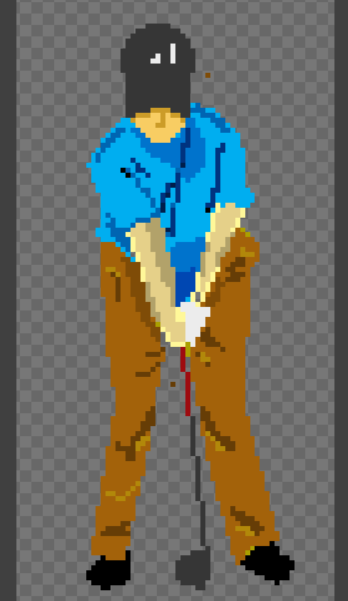 XanderGameDev's tweet photo. First (very quick!) draft of a golfer for my game. I've never done pixel art, but am consuming tutorial content at a feverish rate lol. Will keep working and refining until I get the look I want, which is some way off from this yet, but will be an interesting journey #Gamedev https://t.co/YQFwzmgzEF