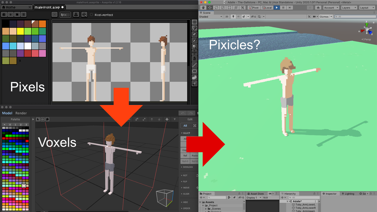 dominickjohn's tweet photo. Snapshot of the program workflow I'm using to get pixel-like 3d characters in @TheGallstone! Lots of magic happens with a custom Unity importer that converts Voxels into pixel particles.

#indiedev #pixelart https://t.co/nQQPpJwZyL
