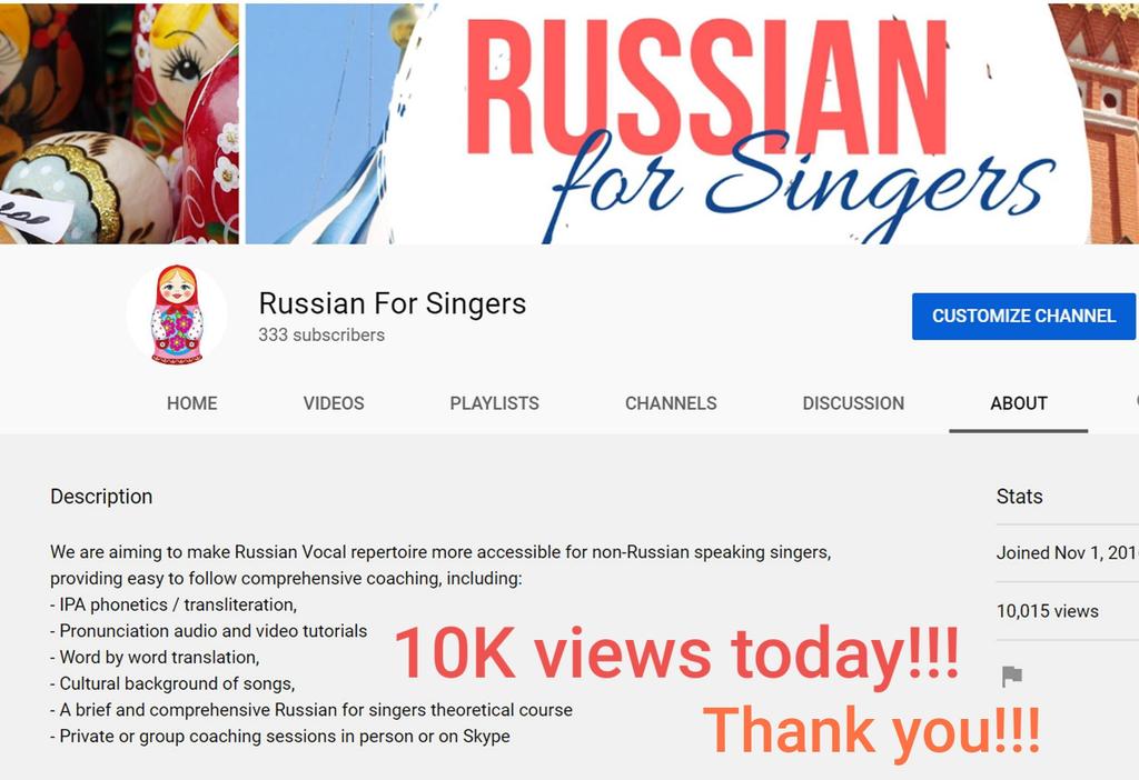 russian4singers's tweet photo. Celebrating 10 000 views on Russian For Singers YouTube channel!!! 🎉
Many many thanks to everyone who supports this project!!! 🙏❤🎶
Please LIKE, SHARE and SUBSCRIBE for FREE Russian diction video tutorials! https://t.co/uI5yzPIDKq
#dictionforsingers #operasinger #russianopera https://t.co/a8cV9rHbWd