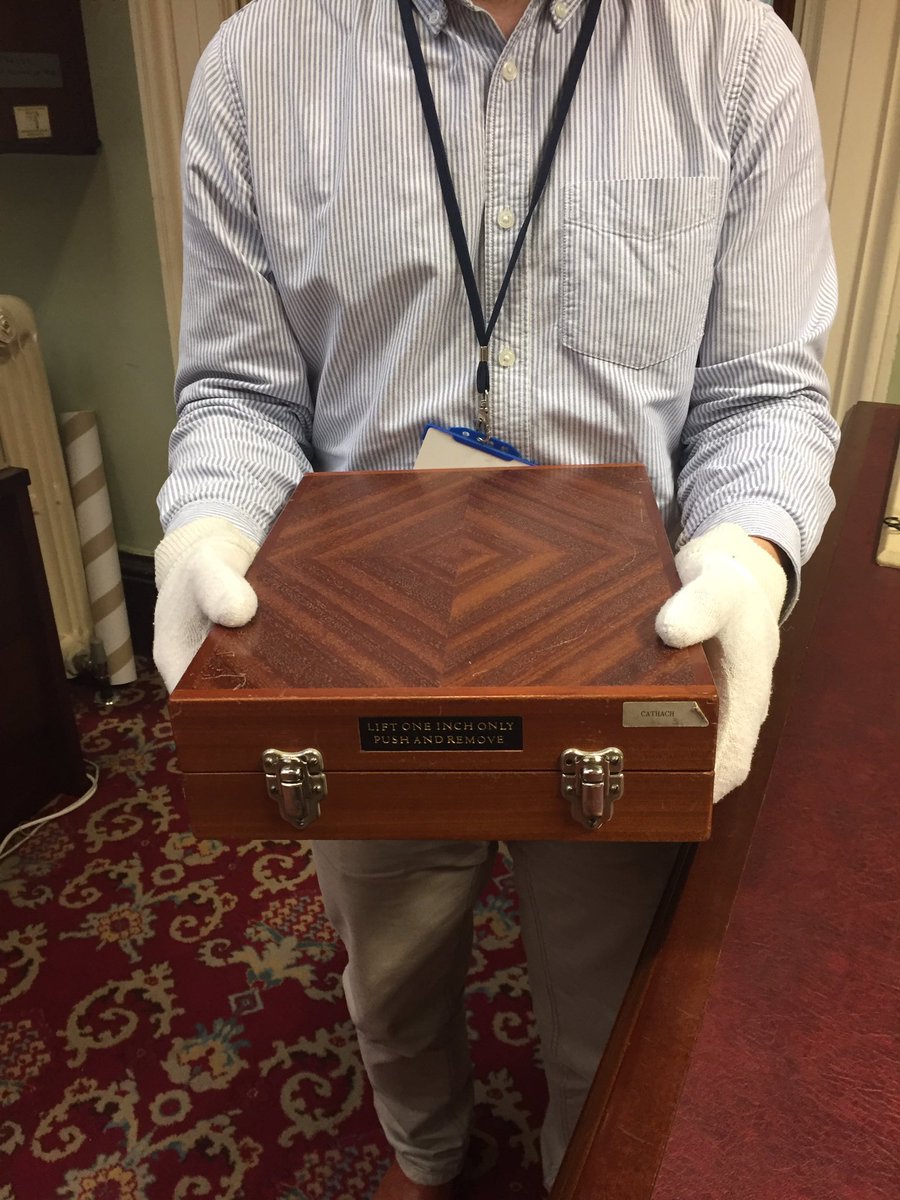 To keep the vellum under pressure and to prevent cockling, the rebound manuscript is kept in a special bespoke box.