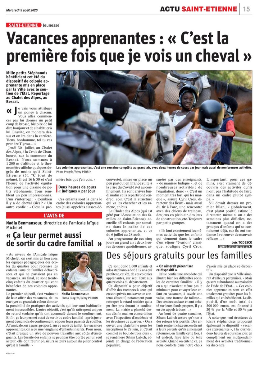 SihamLabich's tweet photo. "C'est la 1ère fois que je vois 1 cheval","Aucun enfant ne doit rester en bas de son immeuble à s'ennuyer."Les #VacancesApprenantes, ça marche à @saint_etienne_ grâce à la mobilisation de tous les acteurs éducatifs, du Maire @PerdriauGael, @Prefecture42 et @DasenLoire #solidarite https://t.co/JQm9THPDkA