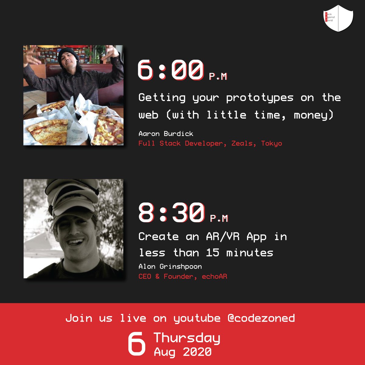codezoned's tweet photo. Less than 24 hours for HAC! Who's excited? 🥳🥳

To make sure you have a fun and informative weekend ahead we have scheduled two amazing talks today! 

Join us live on YouTube - https://t.co/757Nw6L9cU

#HackAgainstCovid https://t.co/i5EVLdWcqL
