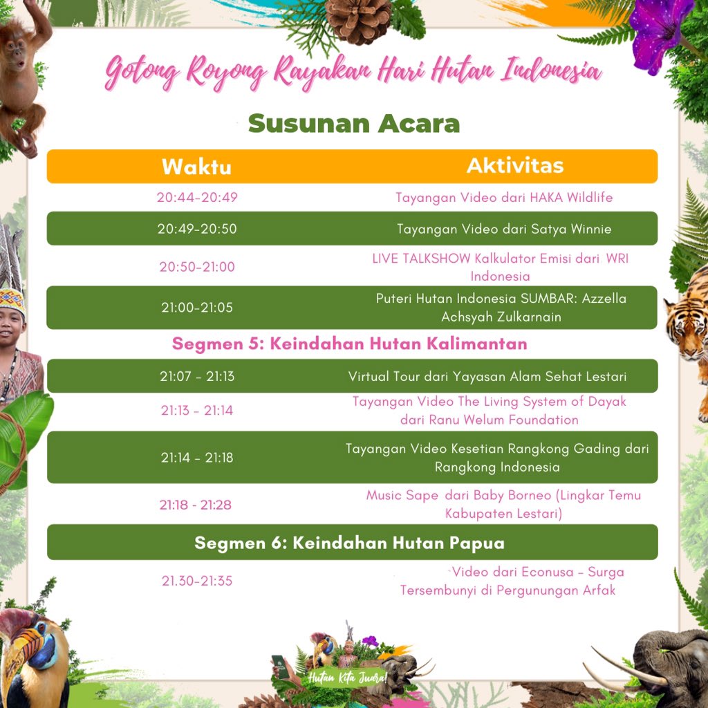 hutanituid's tweet photo. Kamu bisa langsung ikuti mata acara dari Festival Hari Hutan Indonesia, jangan sampai terlewat ya! Ada 100+ kolaborator organisasi dan komunitas, ditambah puluhan orang dan #influencers tampil ikut serta merayakan hari hutan Indonesia untuk pertama kalinya. https://t.co/TpvXkUhID6