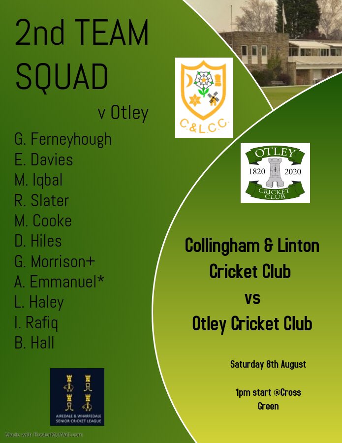 Collingham & Linton CC (@coll_lintoncc) on Twitter photo *TEAM NEWS*
Both teams are in action on Saturday against <a href="/otley_cc/">Otley Cricket Club</a>. The 2s are looking to build on a first win of the season last week, whilst the 1s are aiming to continue their unbeaten start to the season #greens *TEAM NEWS*
Both teams are in action on Saturday against <a href="/otley_cc/">Otley Cricket Club</a>. The 2s are looking to build on a first win of the season last week, whilst the 1s are aiming to continue their unbeaten start to the season #greens