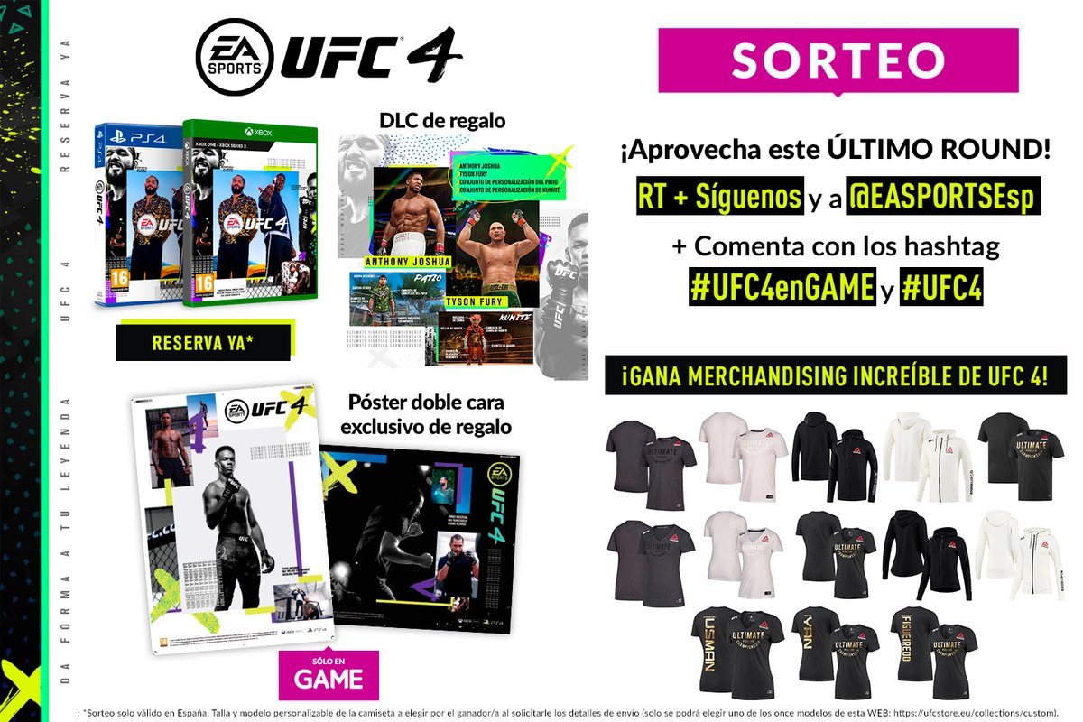¡ÚLTIMO ROUND! 🔔 Celebra el lanzamiento de #UFC4 con nosotros y gana una sudadera o una camiseta personalizable.

➡️ RT + Responde a este tuit con #UFC4enGAME y #UFC4.
➡️ Síguenos, y a @EASPORTSEsp.​

¡Participa hasta mañana a las 9AM! Sorteo solo válido en España.