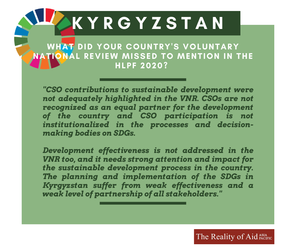 realityofaidAP's tweet image. Voluntary National Reviews are essential to keep track of the #Agenda2030 progress at the national level. But CSOs are often left out or unheard in this process. Here&apos;s what some of our members have to say in response to their countries&apos; reports ⬇️#HLPF2020 #DevEffectiveness
