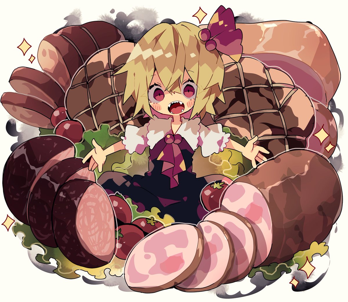 rumia 1girl blonde hair meat solo food open mouth red eyes  illustration images