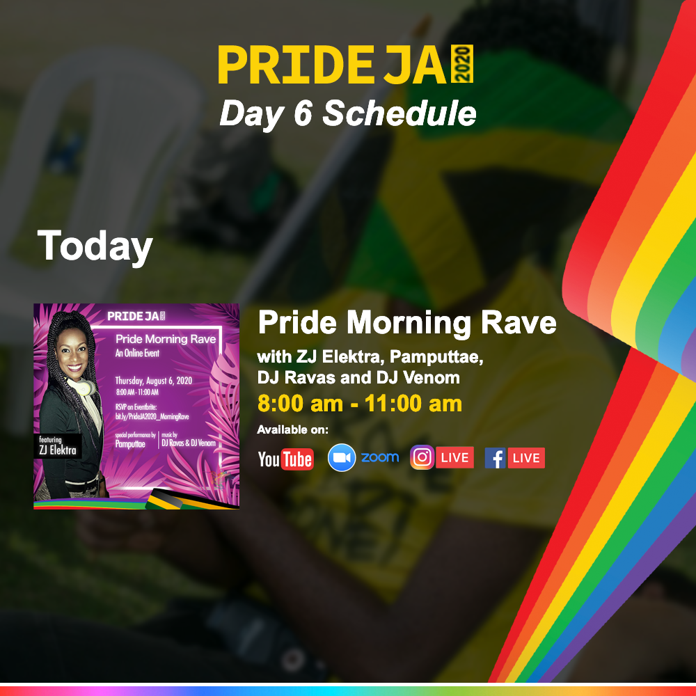 EqualityJa's tweet photo. Can you believe it? We're on our final day of Pride.
It's been an amazing 5 days and 6 is about to kick it into a higher gear as we close out today with our Pride Morning Rave. Tune in for good music and a special performance by Pamputtae. #PrideJA2020 β€οΈπ§‘ππππ https://t.co/arCEhtoroP